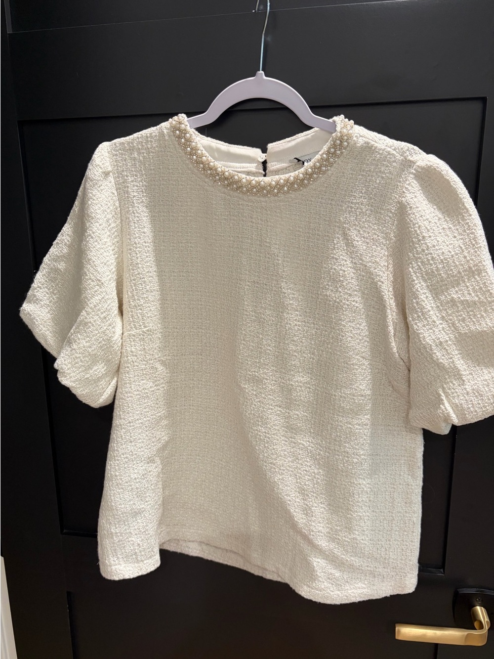 Pearl-Trim Cream Bouclé Blouse